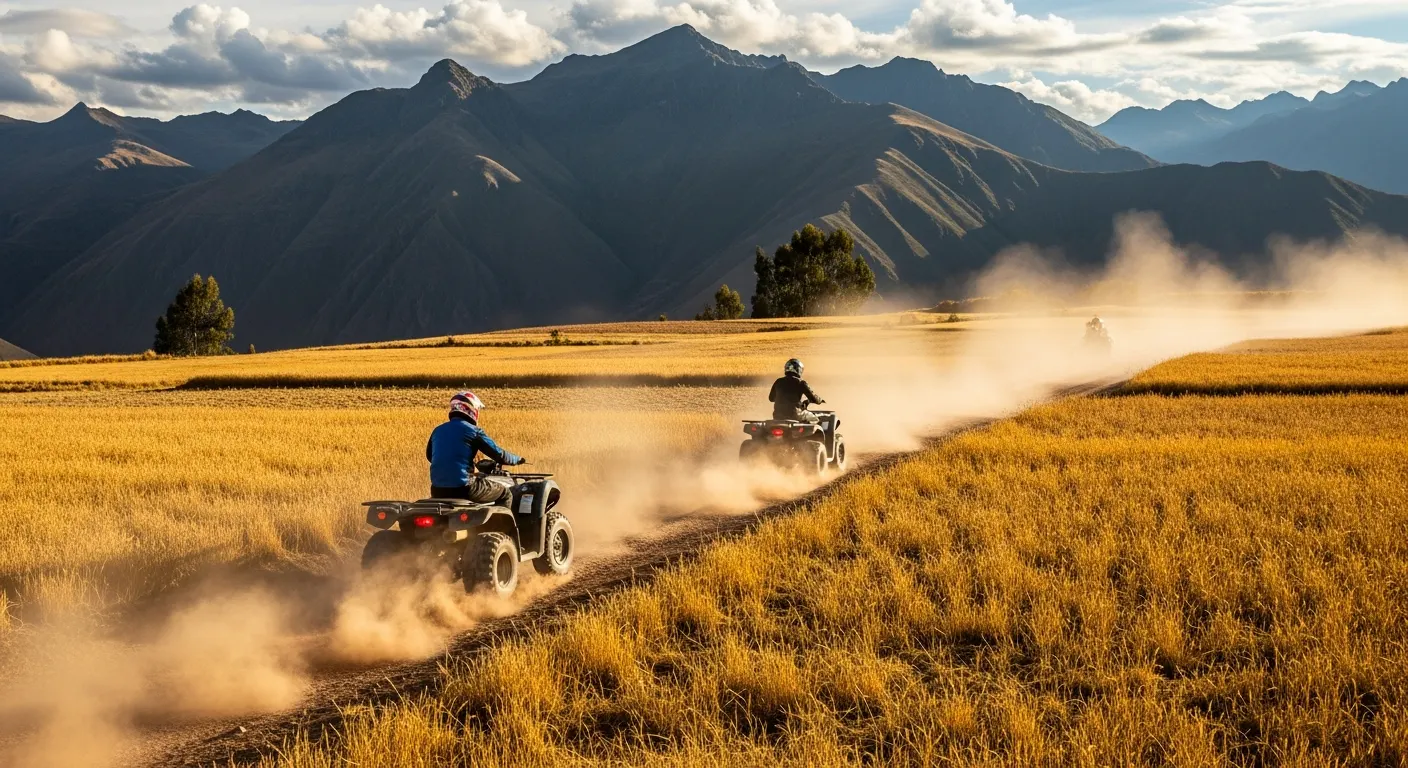 ATV riders exploring the open terrain of Peru's Sacred Valley