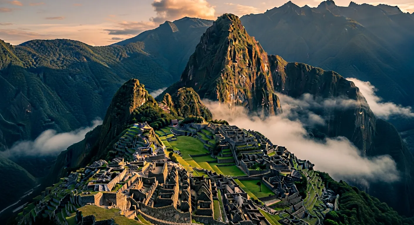 Machu Picchu rising from the mist in the Peruvian Andes