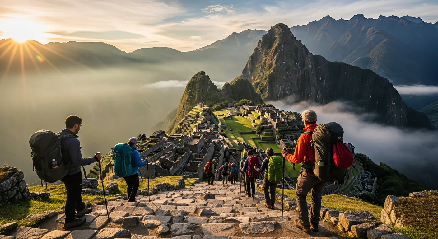 Hikers walking the Inca Trail through the Peruvian Andes