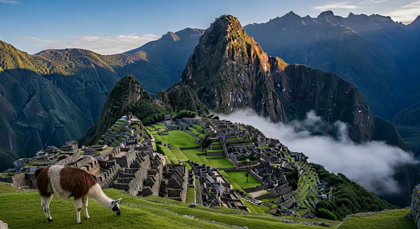 Machu Picchu citadel with terraces and green mountain peaks
