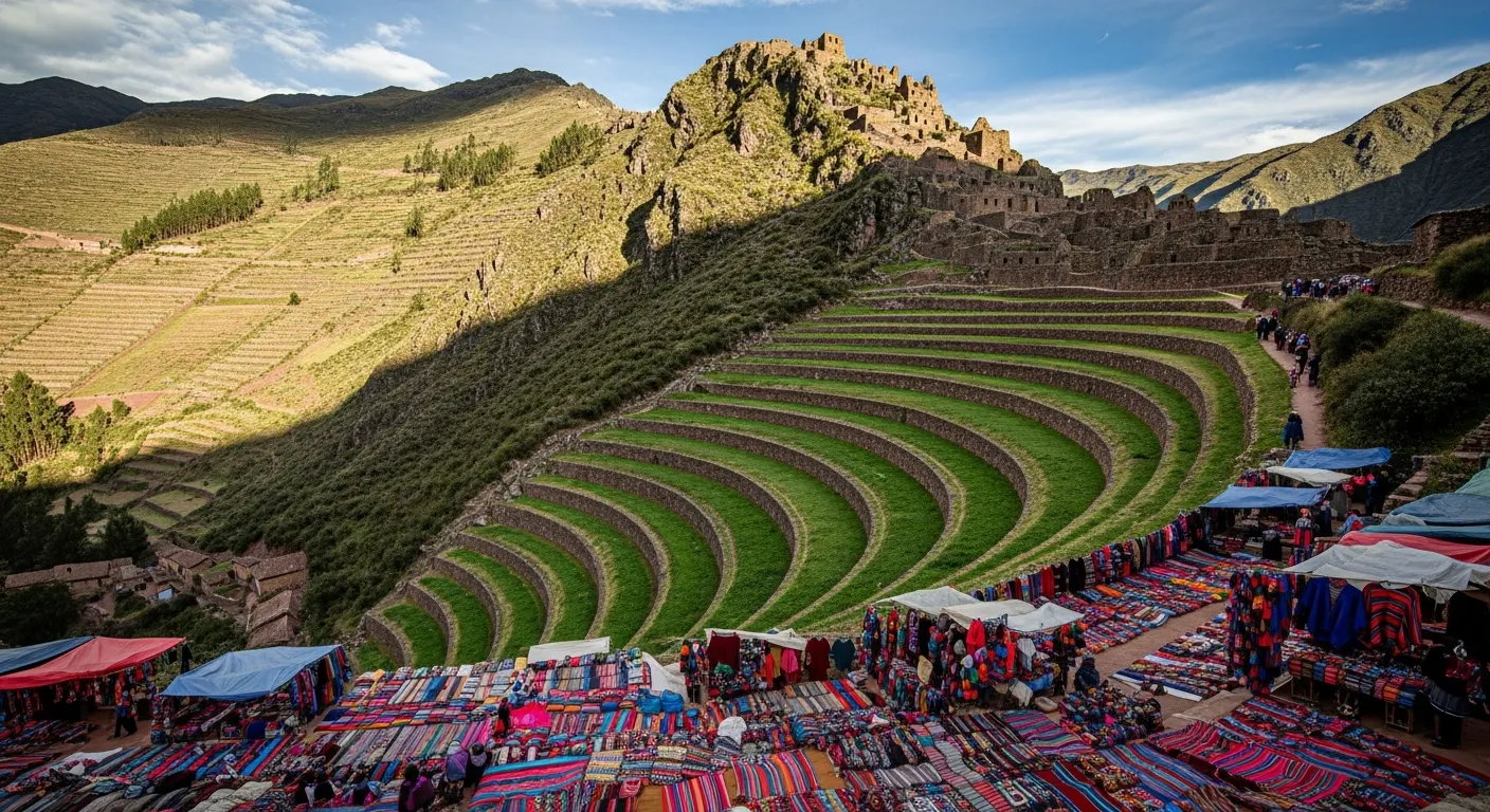 Pisac ruins and agricultural terraces above the Sacred Valley