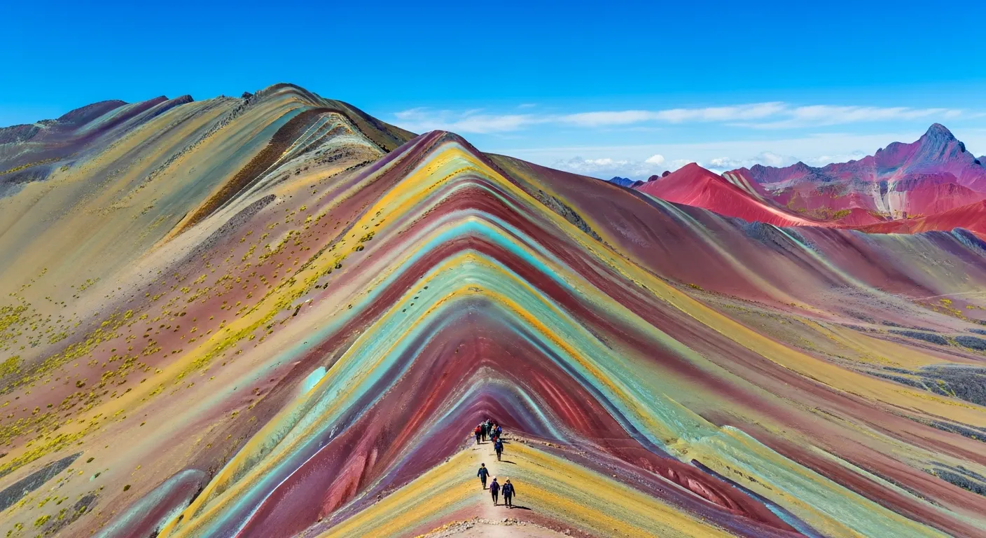 Rainbow Mountain's colorful striped slopes in the Peruvian Andes