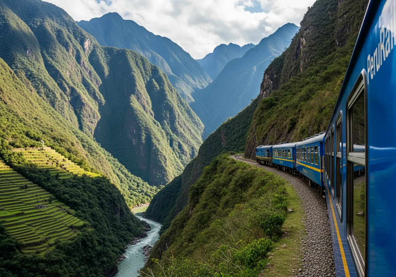 PeruRail Expedition train traveling through the Sacred Valley