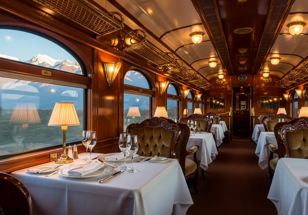Wood-paneled interior of the Hiram Bingham train