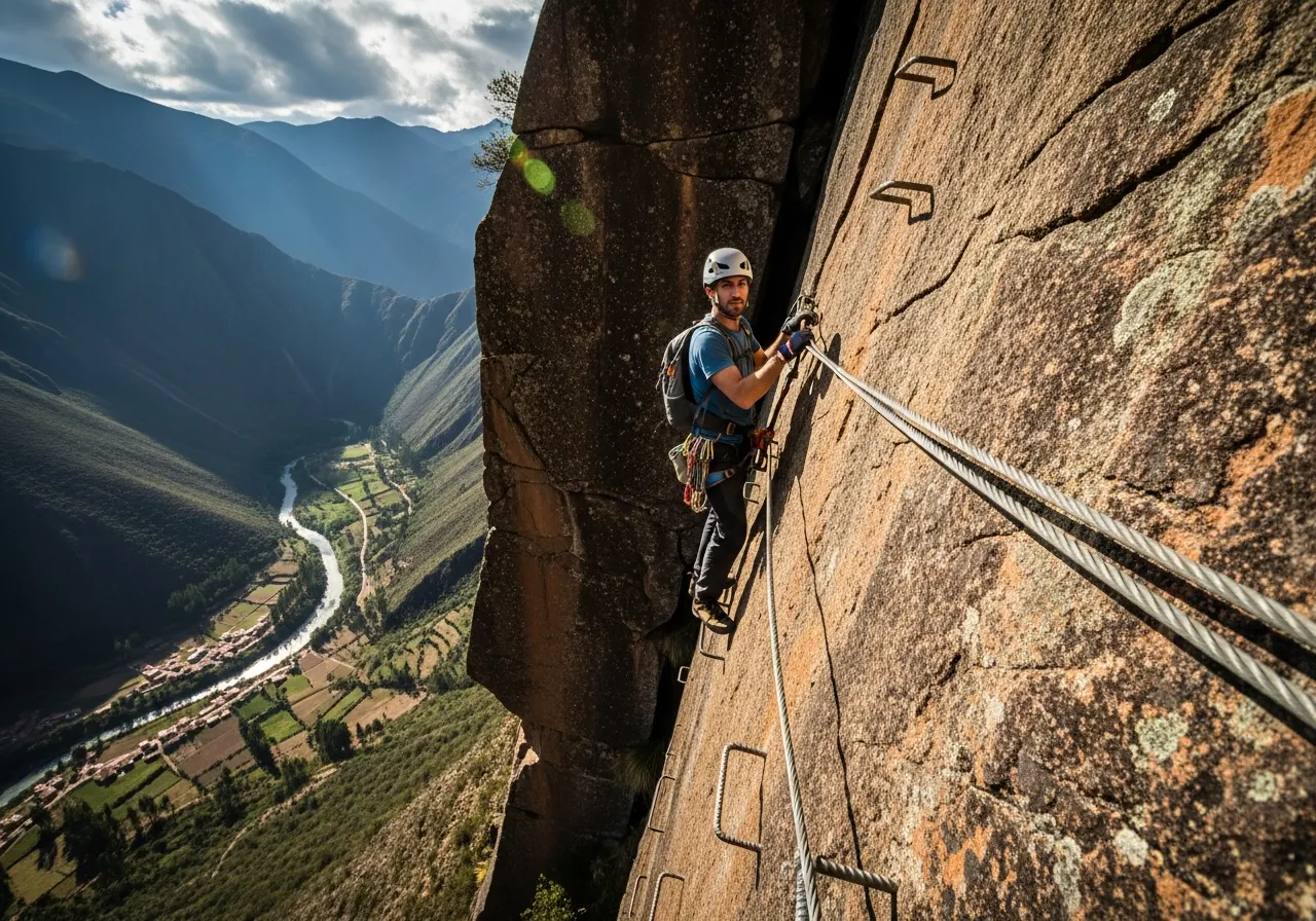 Climber on a via ferrata route above Peru's Sacred Valley